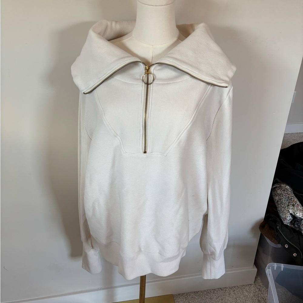 Varley Cream Ribbed Zip-Up with Oversized Collar